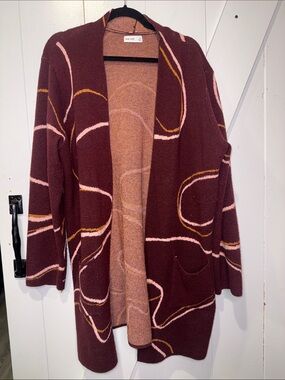Preloved Nine West Maroon Open-Front Cardigan with Pink & Mustard Swirl